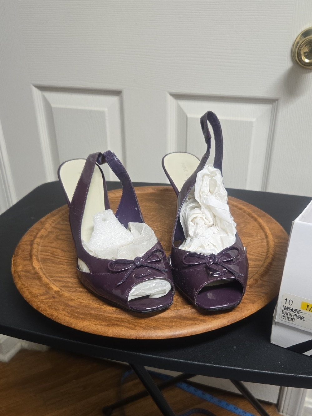 Nine West Dark Purple Patent Peep-Toe Slingback Heels with Bow